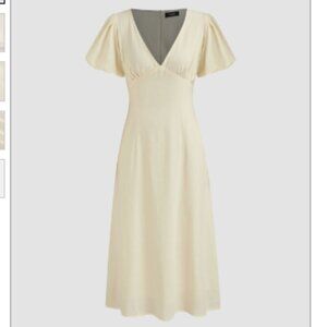 Cider French Riviera Vacation V-neck solid ruffle short sleeve midi dress beige